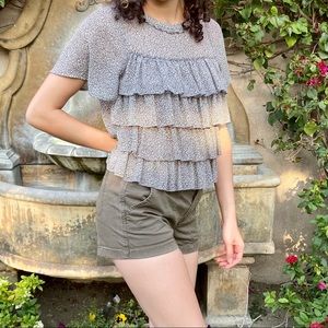 Grey and White Floral Chiffon Ruffle Blouse 🦋